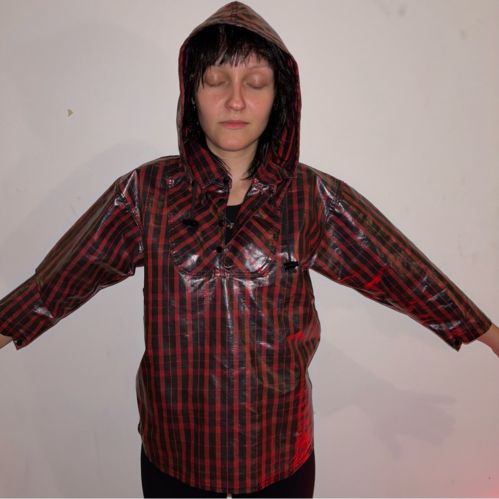 Black and red checkered / plaid red coat